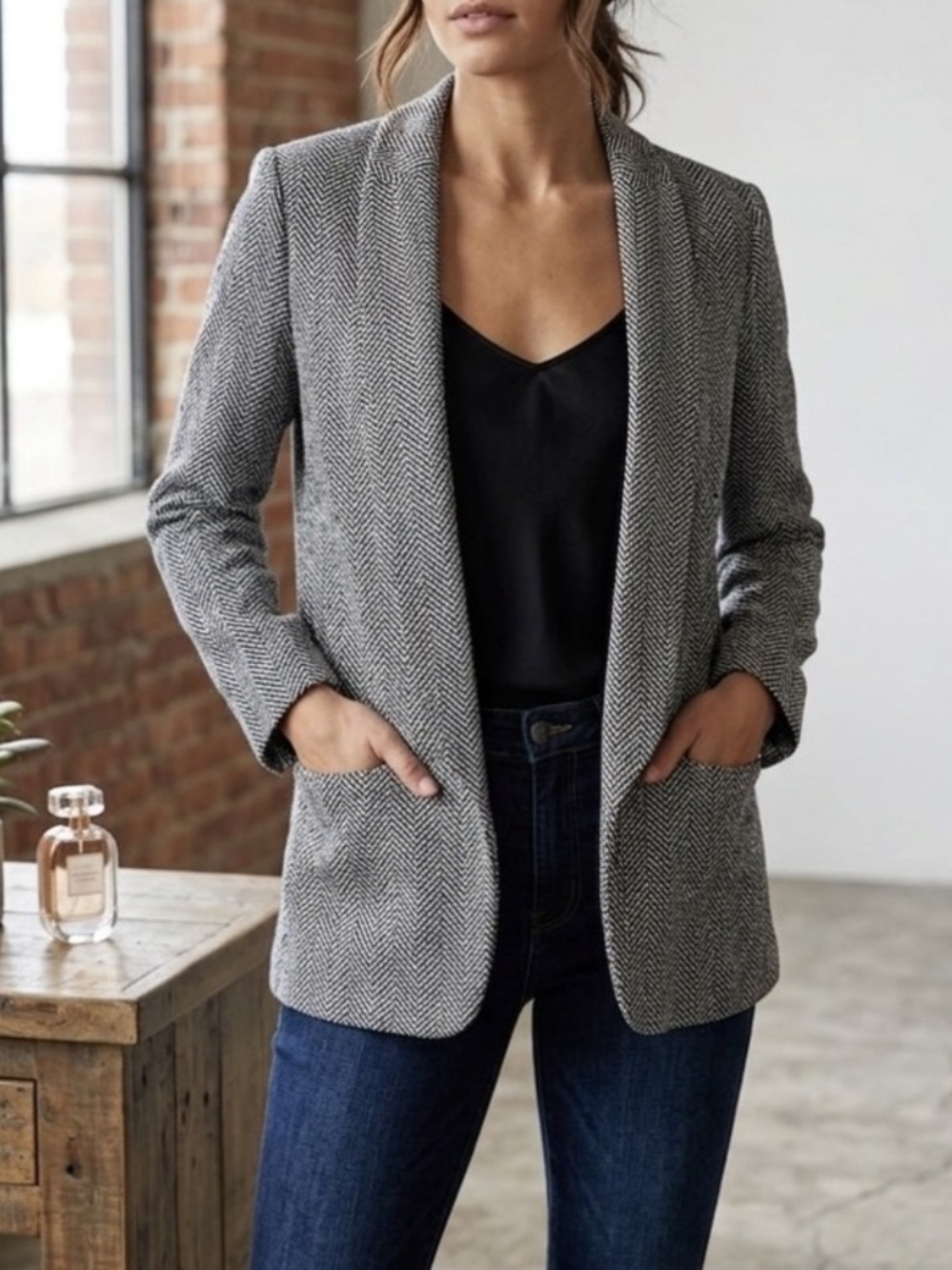 White House Black Market The Relaxed Blazer Blazigan Black White Herringbone 12